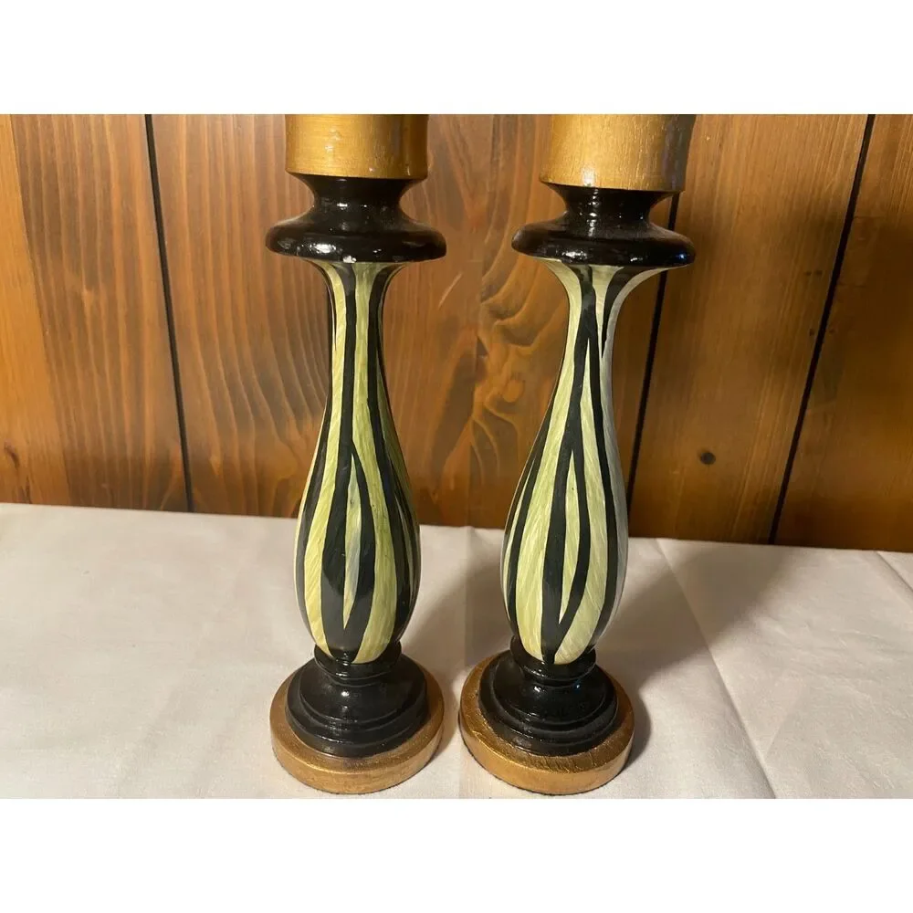 Pair of hand-painted wooden candlesticks
